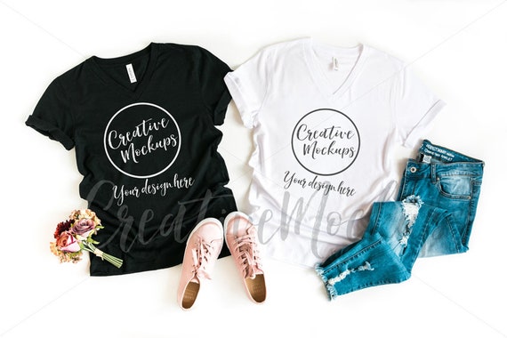 Bella Canvas Black And White V Neck Shirts Mockup 3005 Etsy