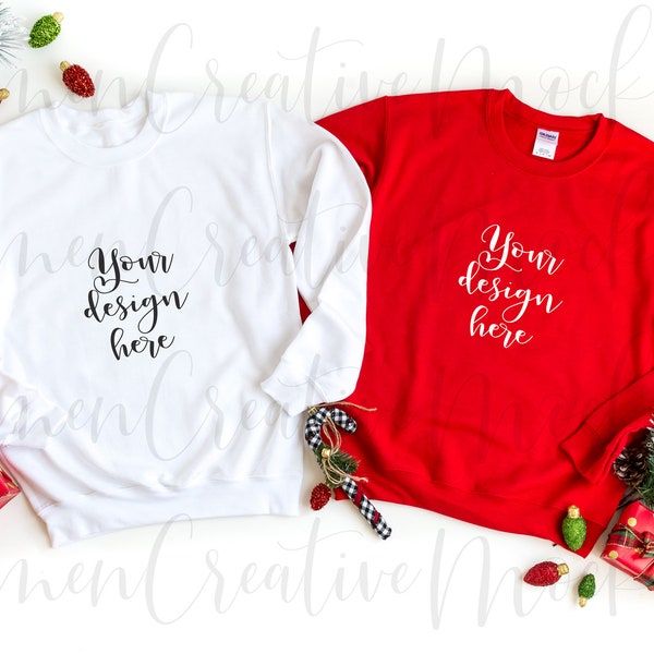 Gildan White and Red Duo Sweatshirts Mockup G180 / Unisex Christmas Sweatshirts Mockup with Christmas Props / Digital Photo Download