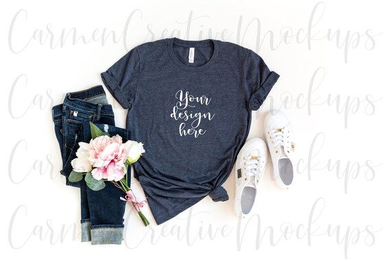 Bella Canvas Heather Navy Shirt Mockup 3001 Feminine Shirt Etsy