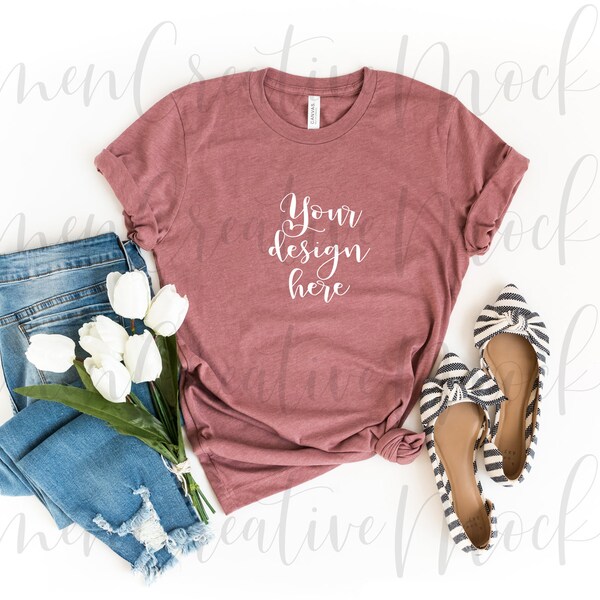 Bella Canvas Heather Mauve Shirt Mockup 3001 / Year-Round Style Shirt Mockup with Tulips /  Flat Lay Apparel / DigitaL Photography Download