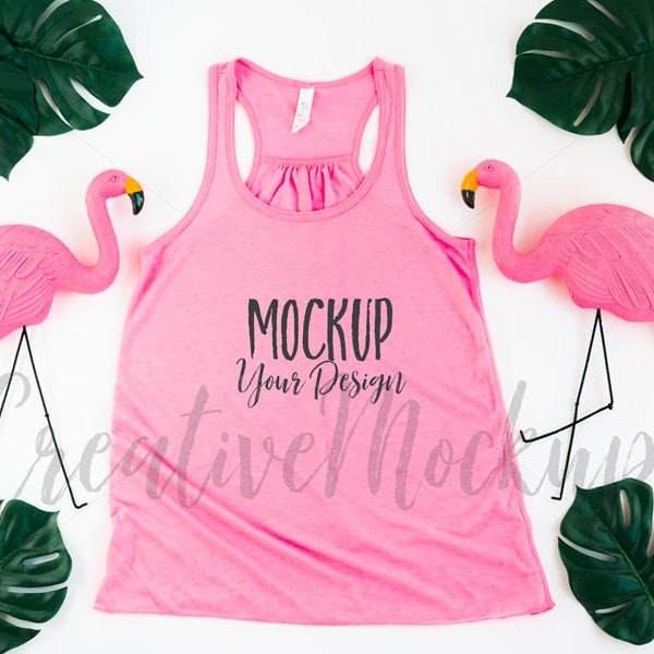 Neon Pink Flowy Racerback Tank Top Mockup with Flamingos / Bella + Canvas Apparel Mockup / Flamingo Styled Shirt Mockups