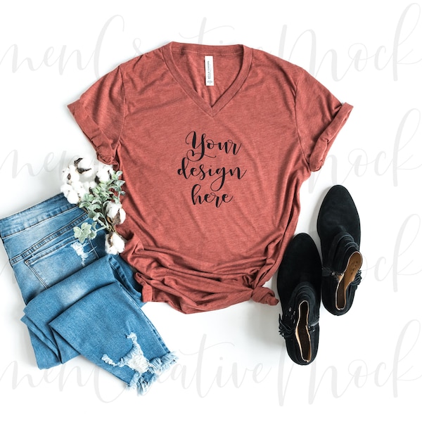 Bella + Canvas Clay Triblend V-Neck Shirt Mockup 3415C / Feminine Shirt Mockups with Boots /  Digital Photo / Fall Shirt Flat Lay