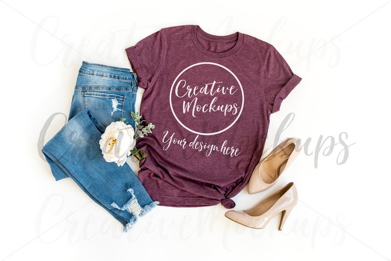 Bella Canvas Heather Maroon Unisex Shirt Mockup 3001 Etsy