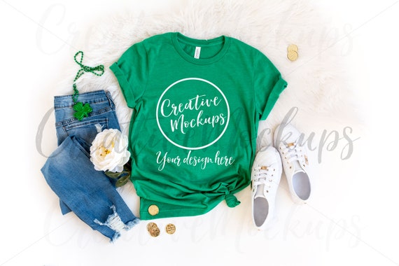 Bella Canvas 3001 T-Shirt Mockup Shirt Mockup St Patrick/'s Day Flat lay Apparel Photography Kelly Green