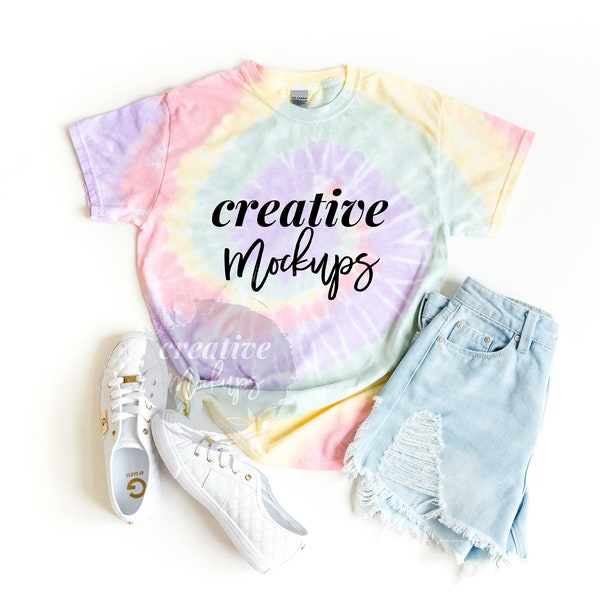 Hazy Rainbow Tie-Dye T-Shirt Mockup / Apparel Mockup with Props / Feminine Shirt Flat Lay with side Knot / 1 Digital Photo Download