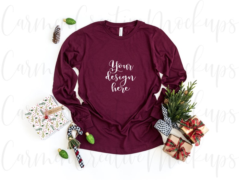Download Bella Canvas Maroon Christmas Long Sleeve T-Shirt Mockup | Etsy