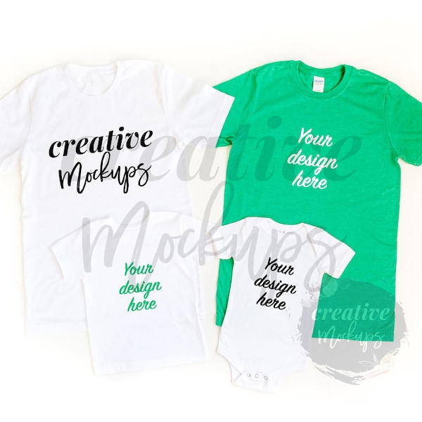 Bella + Canvas & Softsyle G640 Familie und Paar Mockup / Bella Canvas White 3001 - Heather Irish / Basic Mockup No Props 1 Foto Download