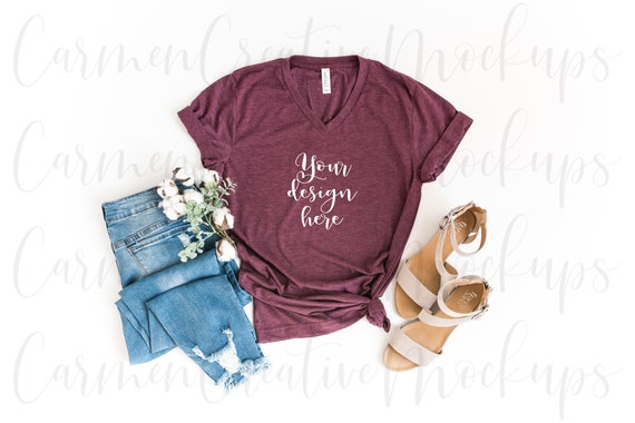 Bella Canvas Maroon Triblend V Neck Shirt Mockup 3415c Etsy