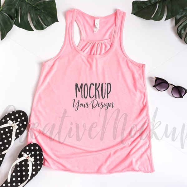 Bella and Canvas Pink Racerback Tank Top Mockup / Tank top Mockup B8800 / Tropical Style Flat Lay