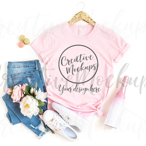 Bella + Canvas Pink Shirt Mockup 3001 / Feminine + Chic Shirt Mockup with Rose Wine + Macarons / Apparel Mockup / Digital Photo Download