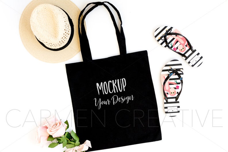 Download Black Canvas Tote Mockup / Summer Style Tote Mockup / Flat ...