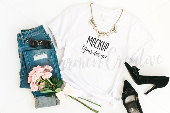Bella Canvas White V Neck 3005 Shirt Mockups With Necklace Etsy