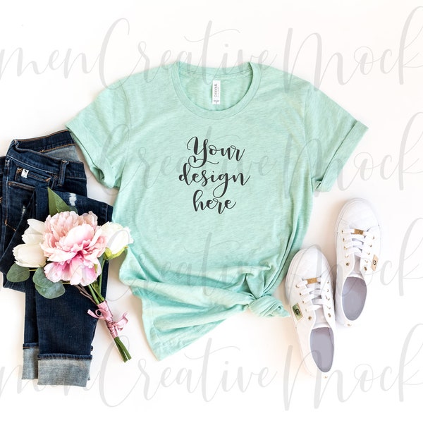 Bella Canvas Heather Prism Mint Shirt Mockup 3001 / Shirt Mockups with Tennis Shoes on White Background / Flat Lay Shirt / Photo Download