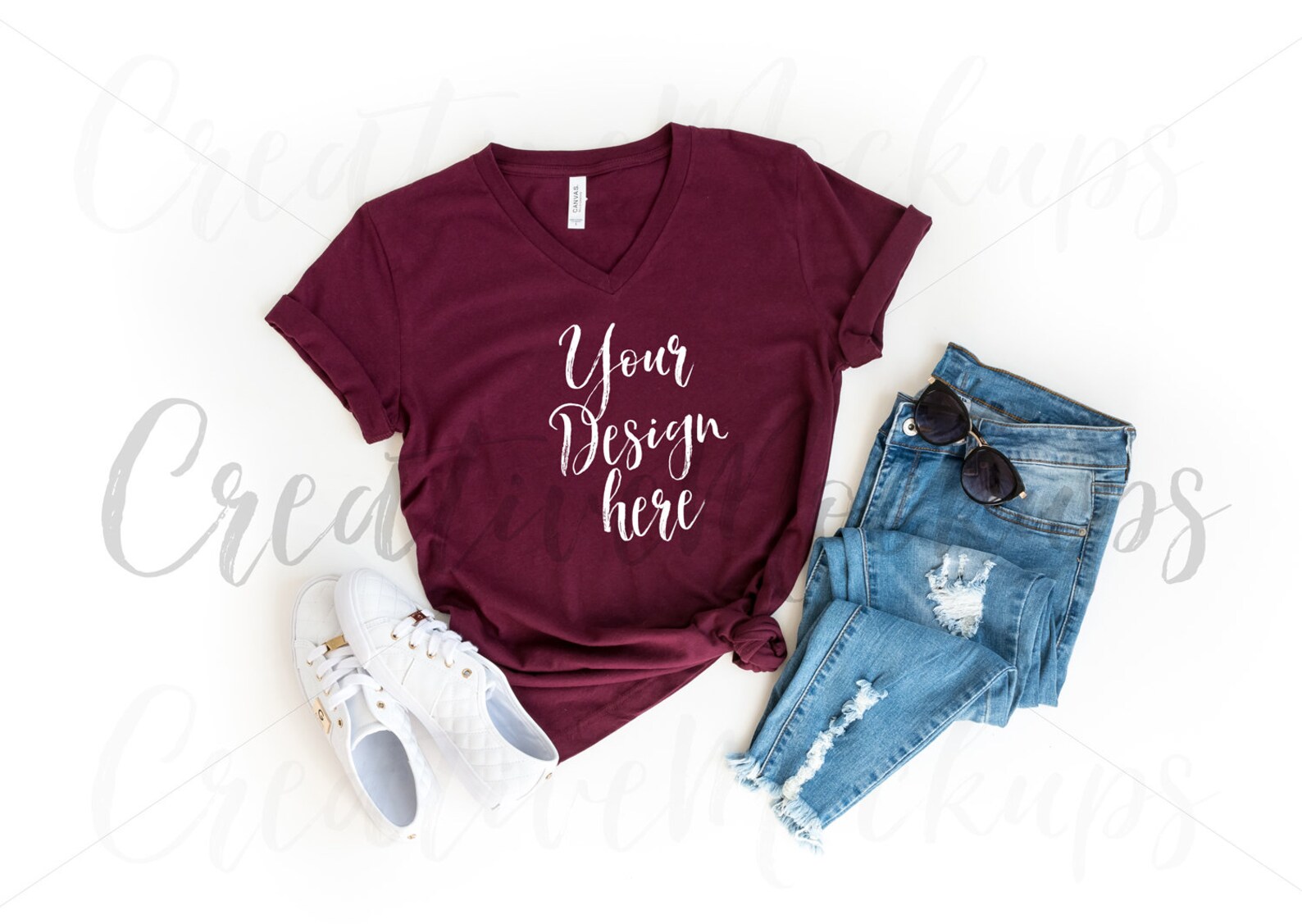 Bella Canvas Maroon V-neck Shirt Mockup 3005 / Feminine Flat - Etsy