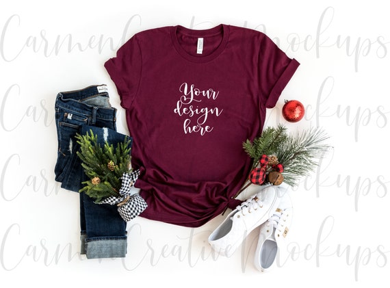 Bella Canvas Maroon Christmas T Shirt Mockup 3001 Holidays Etsy