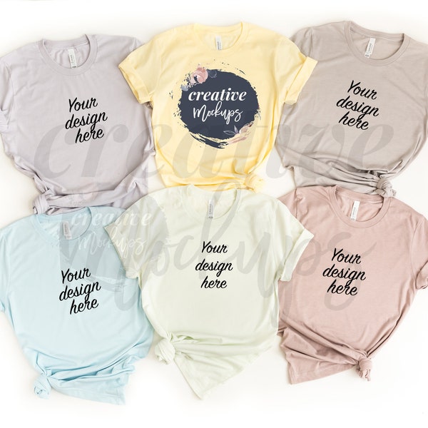Bella + Canvas Basic Multiple Shirts Mockup 3001 / Heather & Solids Color Chart Display / Feminine Knotted Style / 1 Digital Photo Download