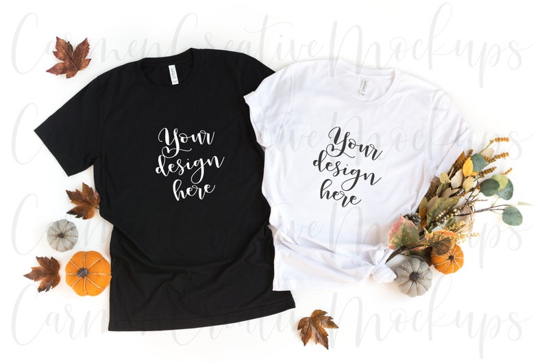 Canvas Fall Style Adult Shirt Mockup 3001 Couple/'s Black /& White Flat Lay in a FallAutumn Style Photo Download Bella