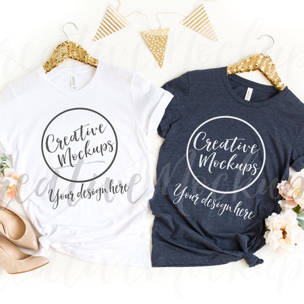 Bella + Canvas White and Heather Navy Bachelorette Shirt Mockup / Party Style Shirt Mockup with Gold Hangers / Digital Download