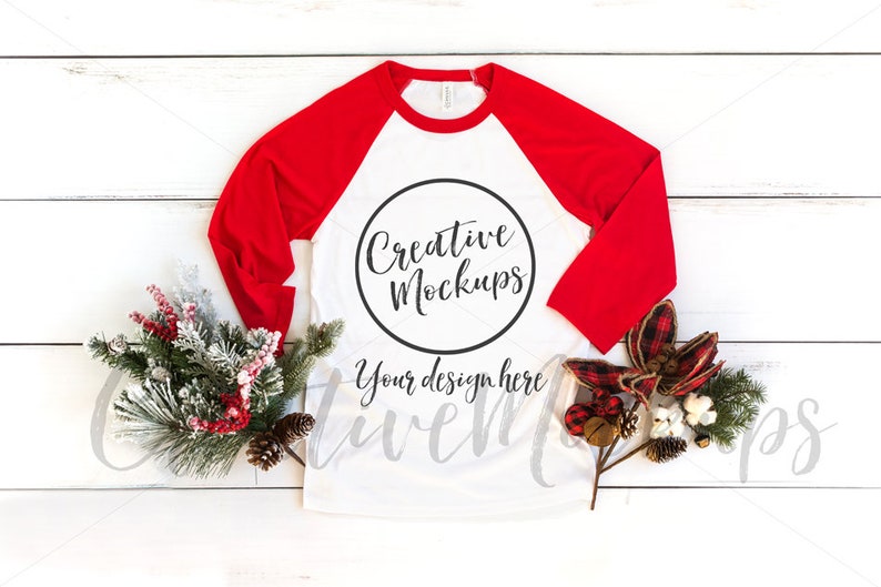 Download Bella and Canvas Christmas Red Raglan Shirt Mockup 3200 ...