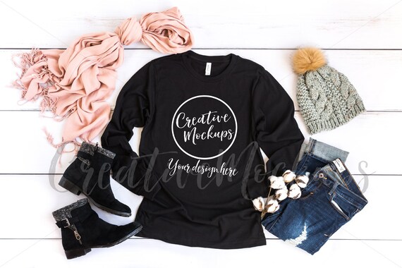 Bella Canvas Unisex Black Jersey Long Sleeve T Shirt Mockup Etsy