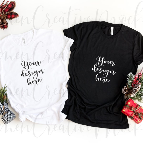 Bella + Canvas Christmas White and Black Duo Shirts Mockup 3001 / Couples Shirts Mockup with Side Knot and Christmas Props / Photo Download