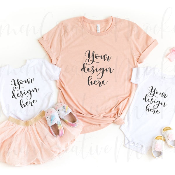 Bella + Canvas Mommy and Me Heather Peach and White Toddler Shirt + Bodysuit Mockup / Mommy and Me Unicorn - Party Style Mockup