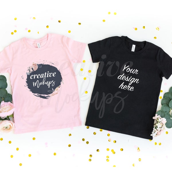 Bella + Canvas Pink and Black Party Style Shirt Mockup / Bridal Style Product Photo / Children Party Mockups / 1 Digital Image Download