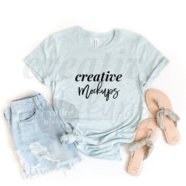 Bella Canvas Heather Prism Ice Blue Shirt Mockup 3001 / Feminine Summer Style T-Shirt Mockup / Prism Tee with Short / 1 Image Download