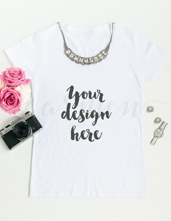 Download Flat Lay Mockup White T-Shirt Mockup with Rhinestone | Etsy