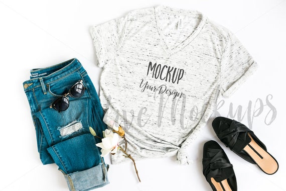 Download Bella Canvas White Marble V-Neck 3005 Shirt Mockup / Flat ...