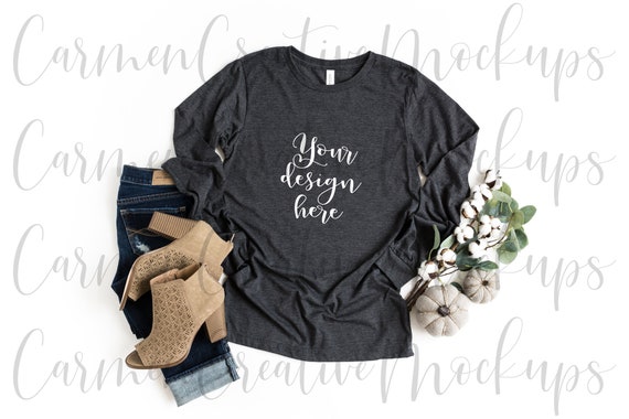 Bella Canvas Heather Dark Grey Long Sleeve Feminine T Shirt Etsy