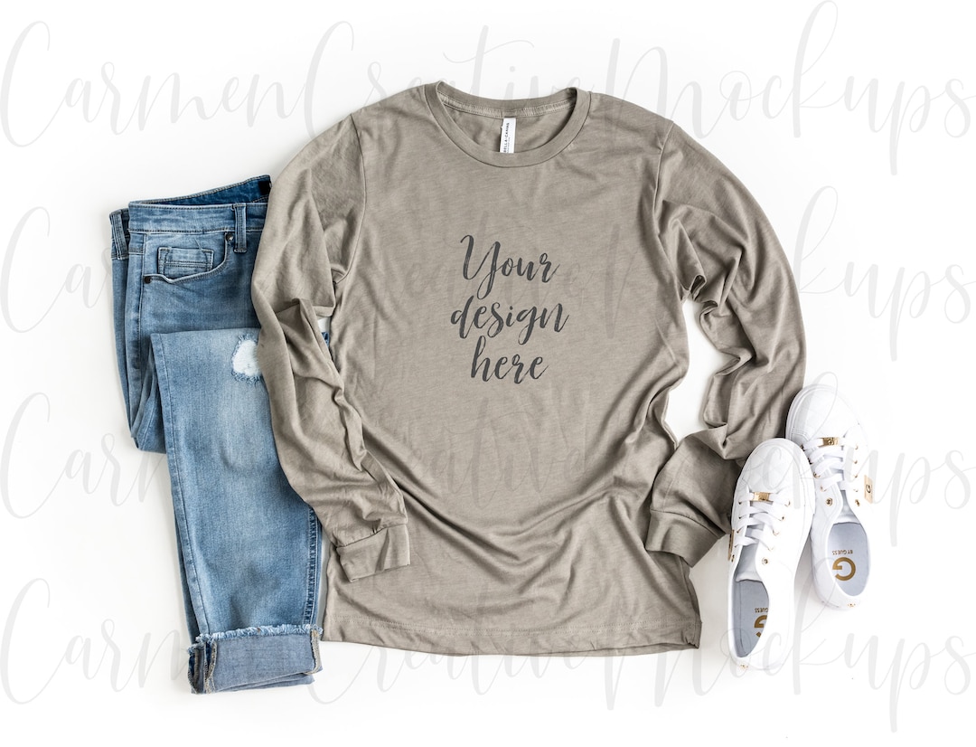 Bella Canvas Heather Stone Long Sleeve T-shirt Mockup 3501 / Basic ...