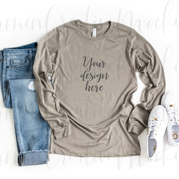 Bella + Canvas Heather Stone Long Sleeve T-Shirt Mockup 3501 / Basic Style Flat Lay Mockup on White Background with Props / 1 Photo Download