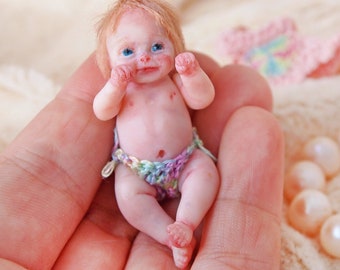 Candy - Custom hand sculpted OOAK baby - Micro mini reborn - Polymer clay original art doll 1:12  dollhouse scale