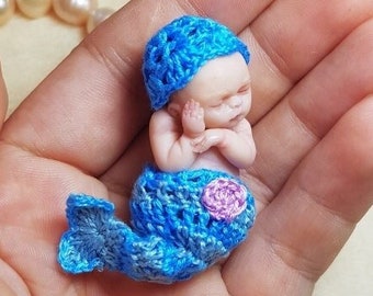 Mermaid - Custom hand sculpted OOAK - 1:12 Micro mini newborn - Polymer clay original hand sculpted art dolls 1.3-1.5" dollhouse scale