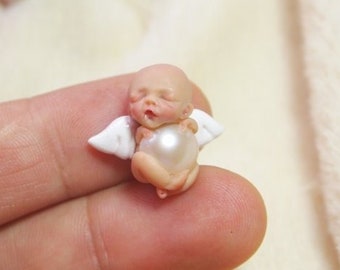 Angel with pearl sympathy gift sculpture - custom memorial keepsake sleeping clay miniature baby with NATURAL pearl - hand sculpted OOAK