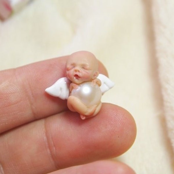 Angel with pearl sympathy gift sculpture - custom memorial keepsake sleeping clay miniature baby with NATURAL pearl - hand sculpted OOAK