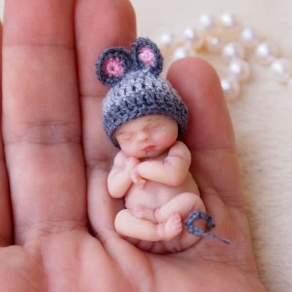 Mouse - Custom hand sculpted OOAK baby - Micro mini reborn - Polymer clay original hand sculpted art dolls 1:12 dollhouse scale