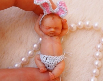 Rabbit - Custom hand sculpted OOAK baby - Micro mini reborn - Polymer clay original hand sculpted art dolls 1:12 dollhouse scale