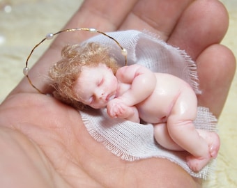 Baby Jesus - Custom OOAK nativity baby doll - Polymer clay original hand sculpted miniature art doll 2 inches 1:12 dollhouse scale