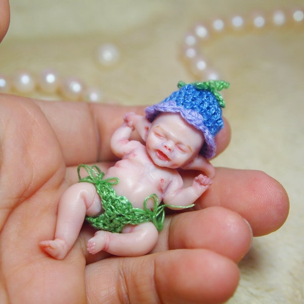 Bluebell Elf - Ready to ship - OOAK Polymer clay original hand sculpted lifelike Mini baby 1.7 inches small