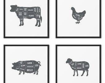 Set of 4 butcher prints – Butcher poster set – Butcher chart set – Butcher diagram set – Meat cuts – Kitchen art – Kitchen prints – BUT001
