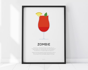 Zombie cocktail print – Cocktails art – Cocktail recipe – Rum lover gift – Rum gifts – Tiki cocktails bar – Kitchen art – Kitchen poster