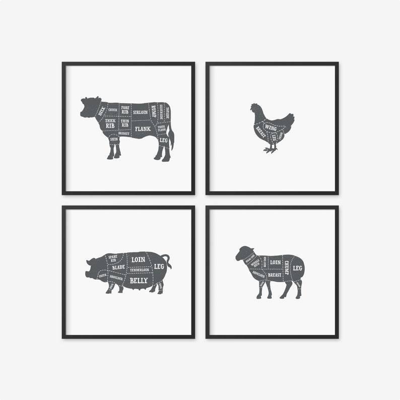 Set of 4 Butcher Prints, Butcher Posters, Butcher Chart, Butcher Guide, Butcher Diagram, Meat Cuts, Kitchen Art, Kitchen Decor, Foodie Gift 