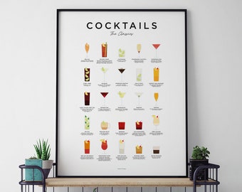 Classic Cocktails Print, Cocktails Poster, Cocktails Art, Cocktail Gifts, Cocktail Lover Gift, Cocktail Guide, Cocktail Menu, Kitchen Art