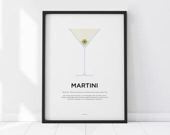 Martini cocktail print – Cocktail art – Cocktail recipe – Cocktails – Drinks print – Gin – Kitchen art – Kitchen poster – Gin Gifts