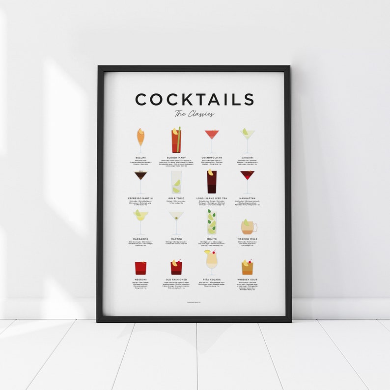 Classic Cocktails Print, Cocktails Poster, Cocktails Art, Cocktail Gifts, Cocktail Lover Gift, Cocktail Guide, Cocktail Menu, Kitchen Art 