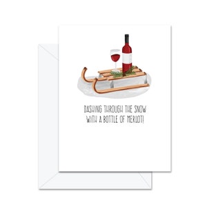 Fringant à travers la neige avec une bouteille de Merlot - carte de voeux