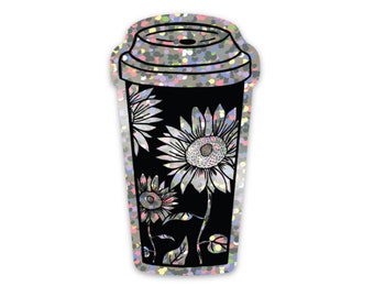 Sunflower Coffee Cup Glitter Sticker