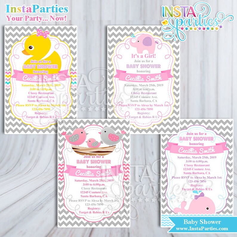Baby Shower Invitations Girl Rubber Ducky Yellow Pink Gray Etsy Baby Shower Invitations Girl Rubber Ducky Yellow Pink Gray Etsy